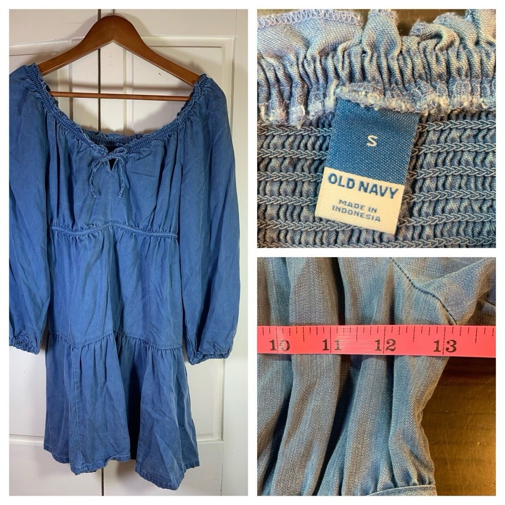 Old‎ Navy Smocked Peasant Dress Small Blue Tiered Swing Western Cottage Boho